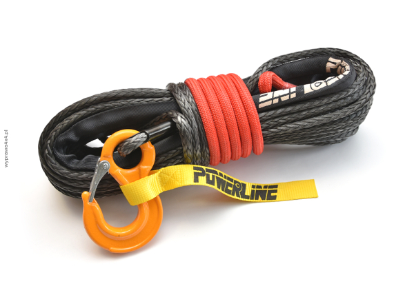 Lina syntetyczna 10 mm x 28 m, Black z kauszą rurkową i hakiem, MBL 10.5T, osłona termiczna Technora RED